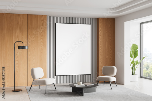 Modern interior with blank framed poster on wooden wall in bright clean room minimalist setting with soft light ambiance."" 3D Rendering
