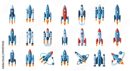 Collection of colorful cartoon rockets launching into space.