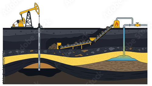 An illustration depicts an underground oil extraction process with pumpjack and pipeline.