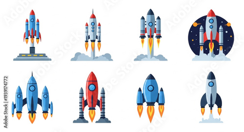 Collection of cartoon rockets launching into space with flames.