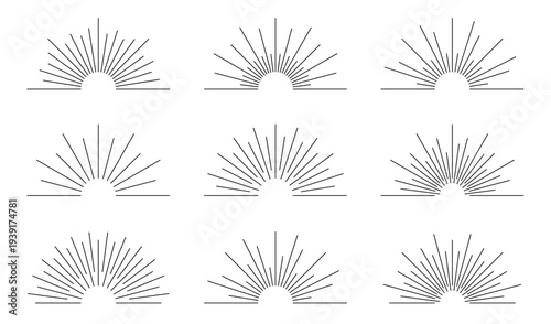 Sunburst rays set in minimalist line art style. Abstract sunrise and radiant sun beam elements with geometric lines and semi-circle shapes. Retro sun rays and sunburst design elements. Vector
