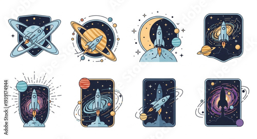 Collection of Retro Space Rocket Illustrations and Planets.