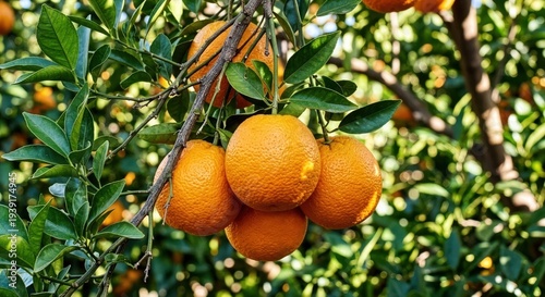 oranges on tree, closeup of organic oranges 