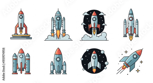 Collection of cartoon rockets in various launch and flight scenarios.