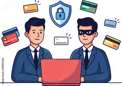 Cybersecurity concept illustration with hacker, laptop, security shield and identity theft protection