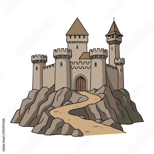 Cartoon Medieval Castle on a Rocky Hill