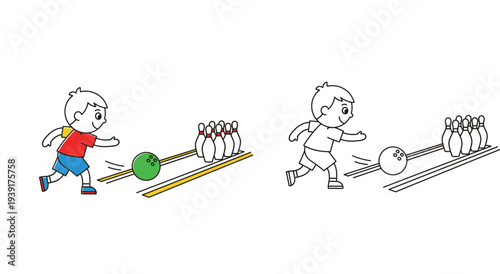 Cute cartoon boy playing bowling on a lane. Vector illustration featuring full color and black and white outline versions, perfect for kids coloring book.