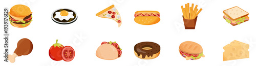Set of 12 Fast Food and Ingredients Vector Icons