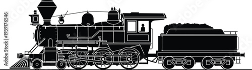 Vintage steam locomotive silhouette vector illustration, antique wild west engine with coal tender, historical railway transport icon isolated on white background for design, nostalgia.