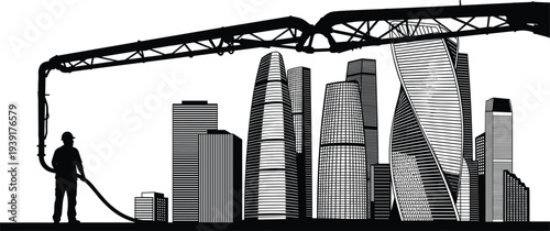 Black silhouette of a construction worker using a concrete pump crane against a modern city skyline background with skyscrapers