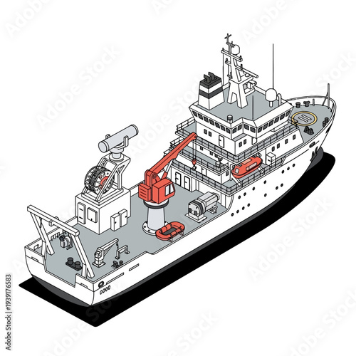 Detailed technical illustration of a research vessel with equipment on deck.