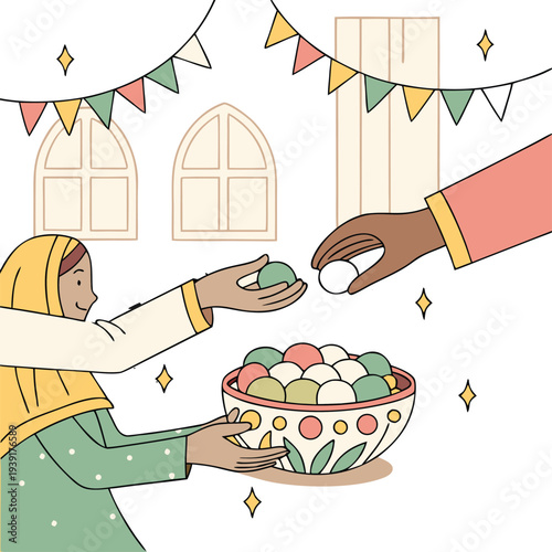 Vector illustration of people exchanging traditional sweet treats