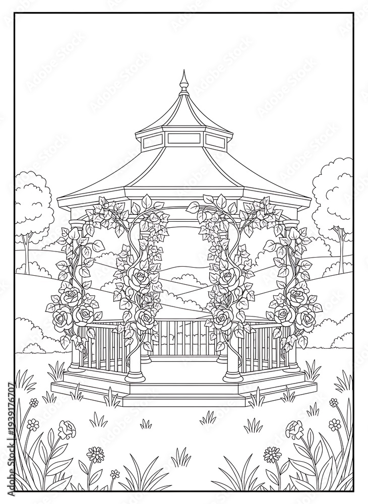 Fototapeta premium Ornate gazebo in beautiful garden adorned with roses and lush greenery surrounded by trees and rolling hills