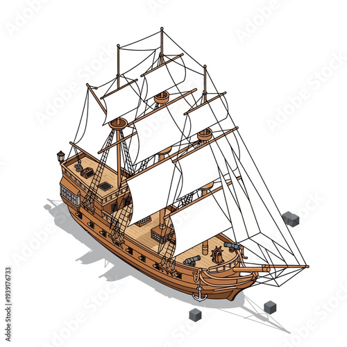 Vintage sailing ship with three masts and wooden hull.