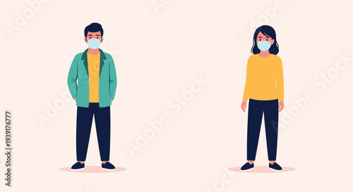 Man and woman wearing face masks and standing at a safe distance from each other for social distancing during pandemic times.
