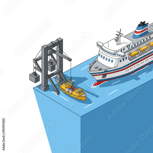 Isometric illustration of a large cruise ship being refueled by a bunker vessel at a dock.