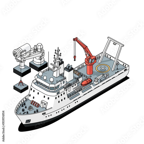 Research vessel with crane and underwater equipment.