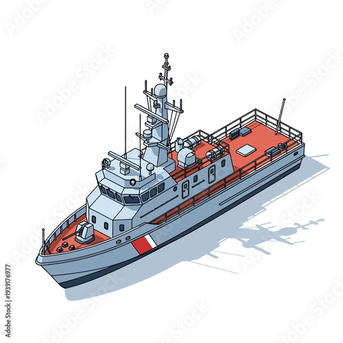 Vector illustration of a gray and orange naval ship with antennas and deck details.
