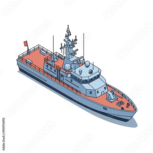 Isometric View of a Modern Naval Ship with Orange Deck.