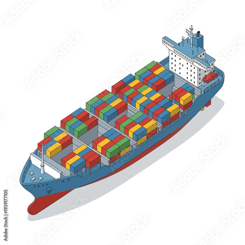 A large blue cargo ship carrying colorful containers.