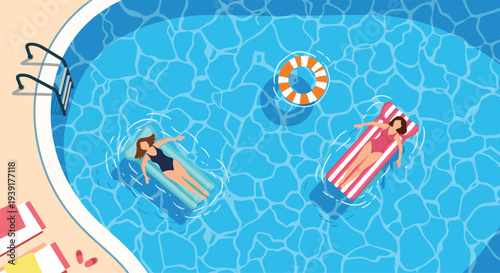Top view of two women relaxing and floating on colorful air mattresses in a crystal clear blue swimming pool water.
