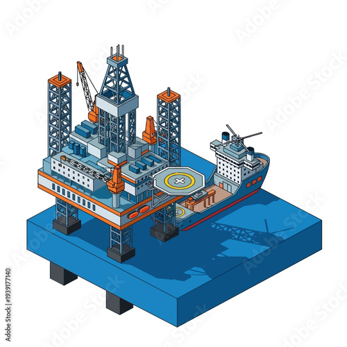 Isometric illustration of an offshore oil rig platform.