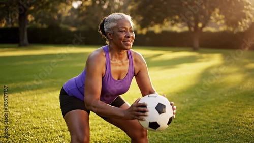 Mature woman holding soccer ball in park at golden hour