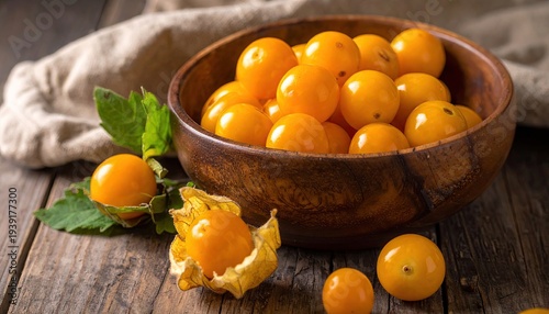 Golden physalis peruviana fruits in wooden bowl on rustic table with leaves and husk showcasing their vibrant color and fresh raw natural goodness