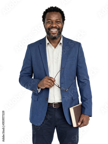 Full length standing afro american man very happy  Librarian transparent background, professional and bright photography, no logo.