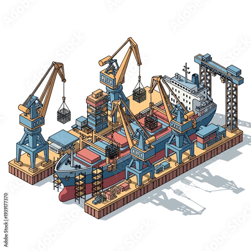 Isometric illustration of a busy industrial dock with cranes and cargo ship.