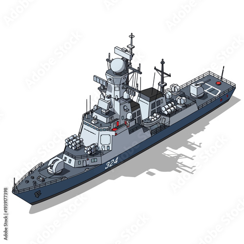 Isometric illustration of a modern naval warship with detailed equipment and weaponry.