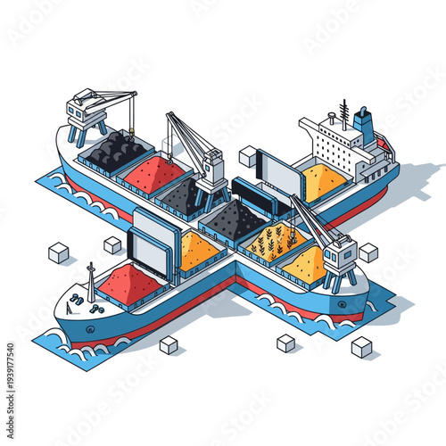 Isometric illustration of cargo ships loading and unloading containers.