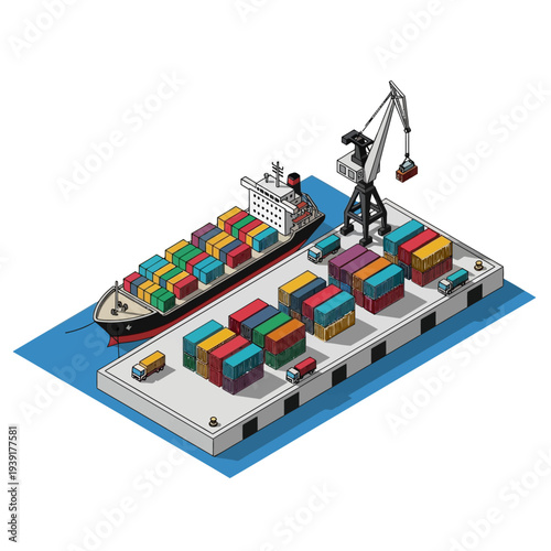 Cargo ship docked at a port with containers being unloaded.