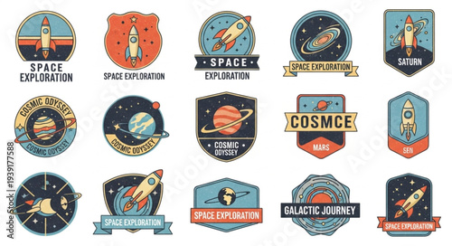 Collection of retro space exploration badges and emblems.