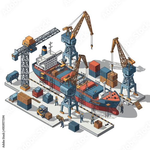 Isometric illustration of a busy cargo ship being loaded and unloaded at a dockyard with cranes and containers.