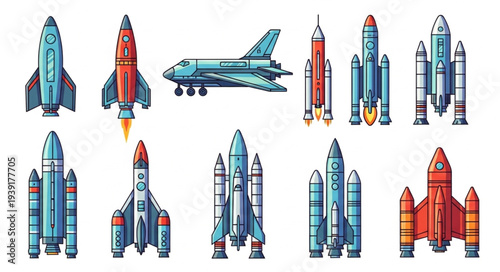 Collection of various cartoon rockets and spacecraft designs.
