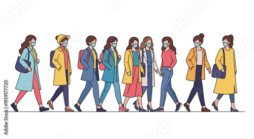 Group of women in various fashion outfits wearing face masks and walking while maintaining social distance apart.