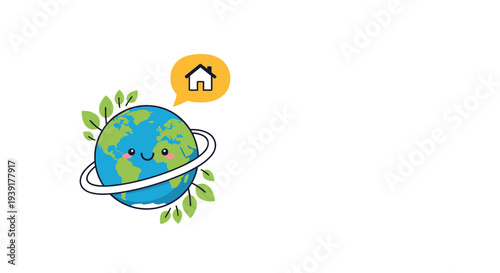 Cute planet Earth character with house icon in speech bubble and green leaves for stay home environmental awareness.