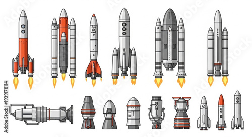 Collection of various rockets and spacecraft components.