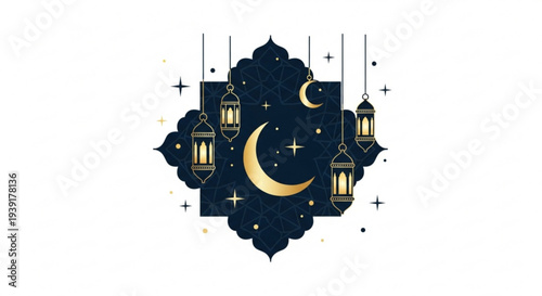A vector graphic illustration of a crescent moon and lanterns on a starry night sky background