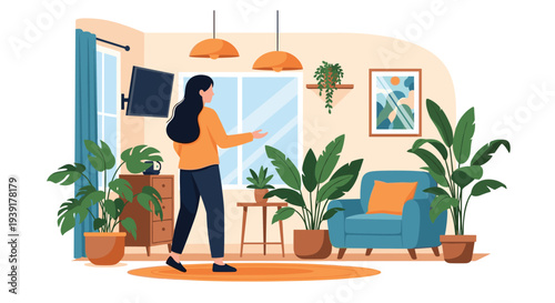 Young woman walking in cozy living room interior filled with many green potted plants and modern home decor.
