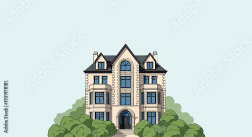Elegant multi story residential building or mansion with classic architecture and lush green trees landscape design.