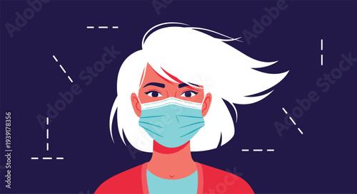 Portrait of modern young woman with stylish white hair wearing protective medical face mask for health safety.
