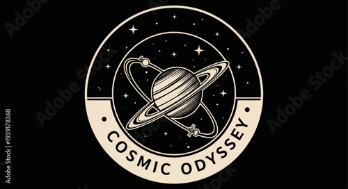 Cosmic Odyssey planet logo with rings and stars.