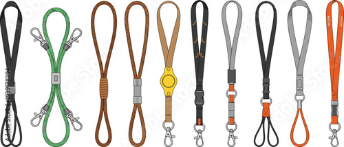 Lanyard straps collection with metal clips and ID holders, security badge neck strap vector illustration set