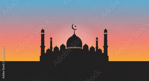 A serene mosque silhouette against a vibrant sunset sky with a crescent moon