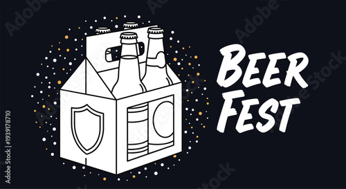 Graphic illustration of a six pack beer bottle carrier for beer fest event advertisement on dark background.