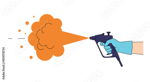 Hand wearing protective glove holding pressure spray gun for disinfecting and cleaning surfaces against viruses.