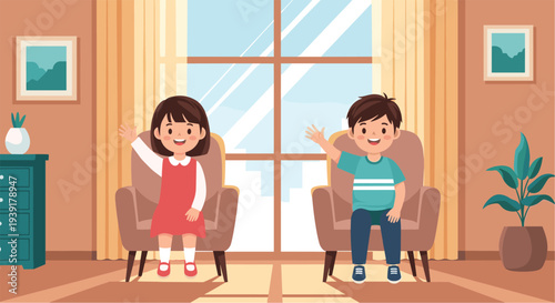 Two happy children sitting on armchairs and waving in their cozy living room with potted plant and home decor.
