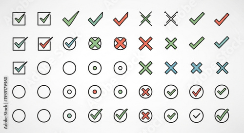 A set of colorful checkmark and cross icons in various styles and colors for design use